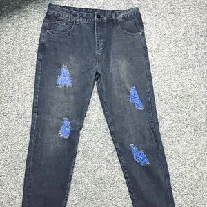 MENS JEANS WITH BLUE DISTRESSED RIPS